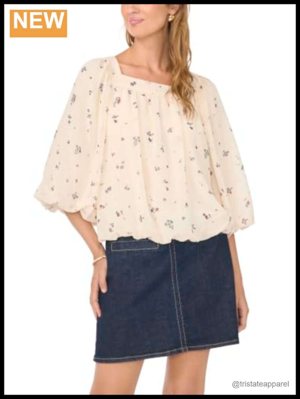 Square Neck Bubble Blouse Floral Print Elbow Sleeve Blouse